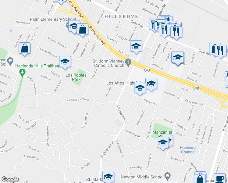 map of restaurants, bars, coffee shops, grocery stores, and more near 15121 Hollis Street in Hacienda Heights