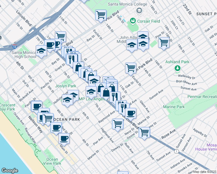 map of restaurants, bars, coffee shops, grocery stores, and more near 1007 Ocean Park Boulevard in Santa Monica