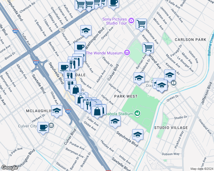 map of restaurants, bars, coffee shops, grocery stores, and more near 11022 Culver Boulevard in Culver City