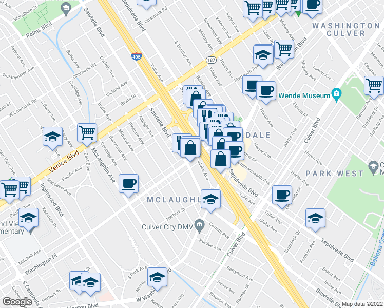 map of restaurants, bars, coffee shops, grocery stores, and more near 11263 Washington Place in Culver City