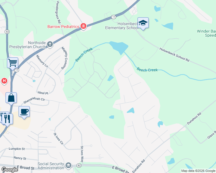 map of restaurants, bars, coffee shops, grocery stores, and more near 1308 Calgary Lake Drive in Winder