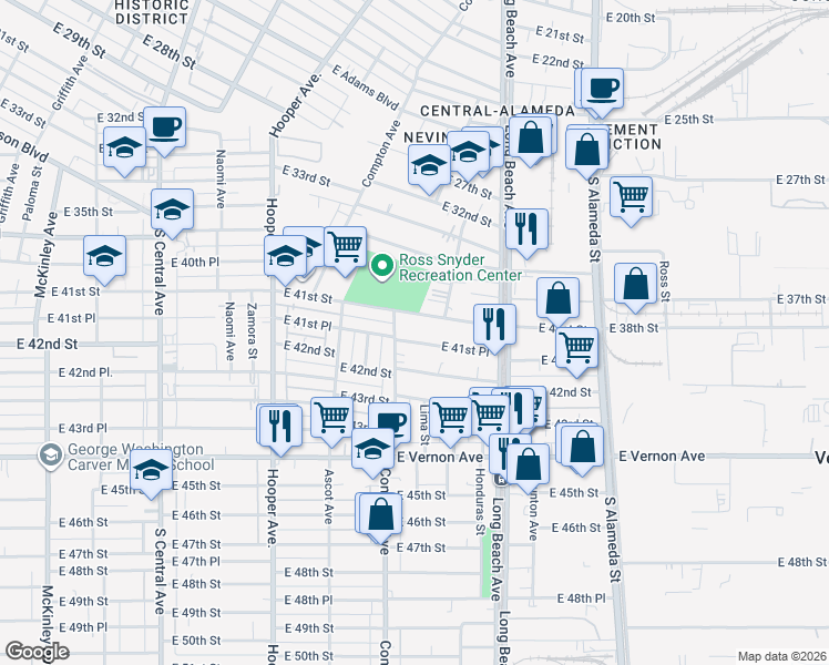 map of restaurants, bars, coffee shops, grocery stores, and more near 1537 East 41st Place in Los Angeles