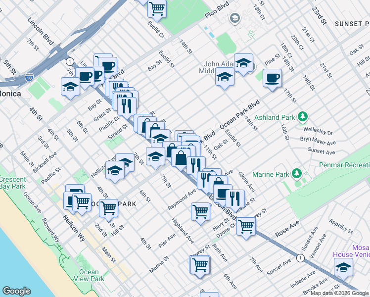 map of restaurants, bars, coffee shops, grocery stores, and more near 1007 Ocean Park Boulevard in Santa Monica