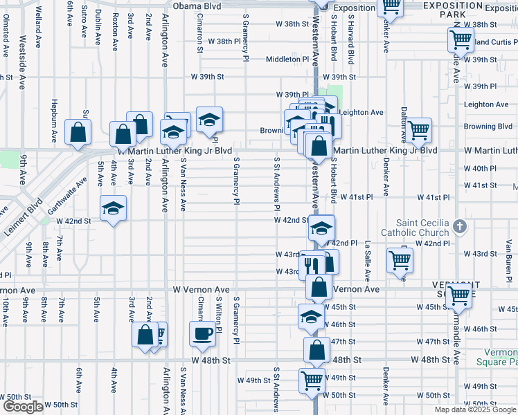 map of restaurants, bars, coffee shops, grocery stores, and more near 1828 West 41st Place in Los Angeles