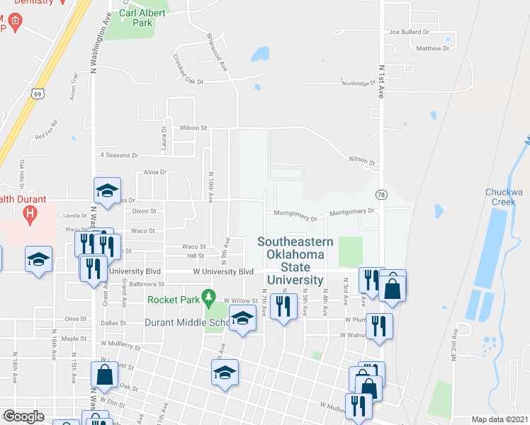 map of restaurants, bars, coffee shops, grocery stores, and more near 612 Montgomery Drive in Durant