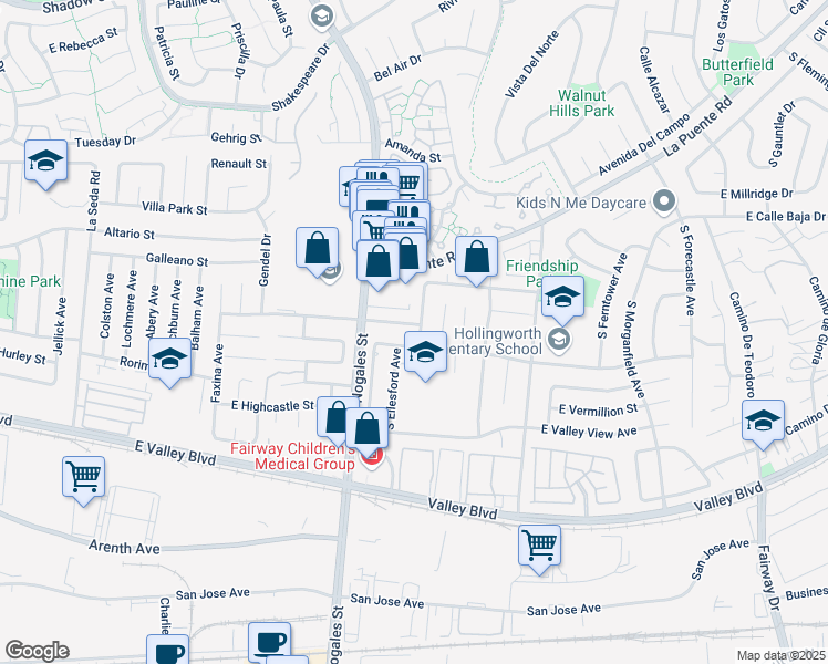 map of restaurants, bars, coffee shops, grocery stores, and more near 19058 East Northam Street in West Covina