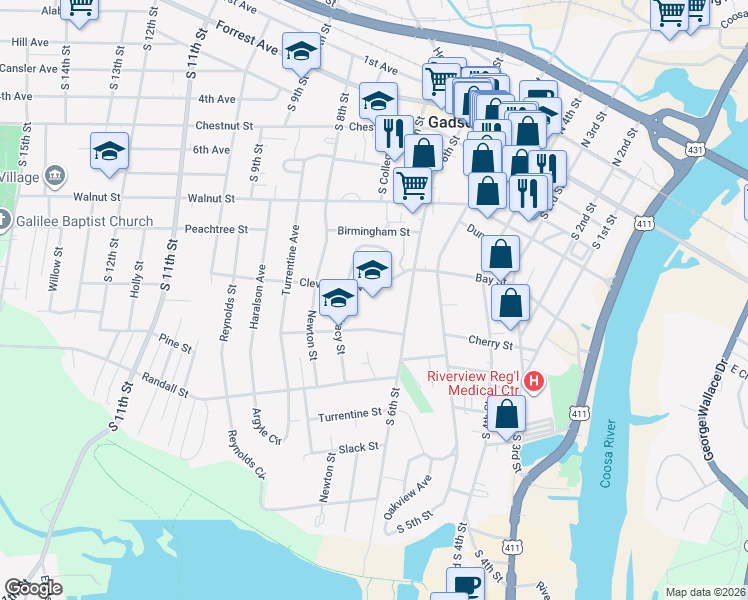 map of restaurants, bars, coffee shops, grocery stores, and more near 600 Cleveland Avenue in Gadsden