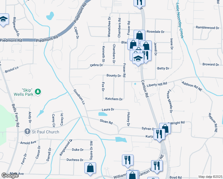 map of restaurants, bars, coffee shops, grocery stores, and more near 2307 Woodridge Drive in Marietta