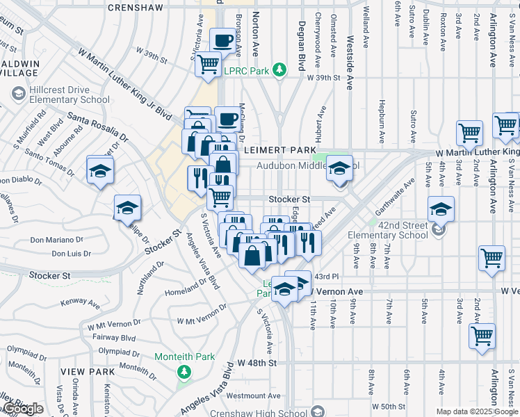 map of restaurants, bars, coffee shops, grocery stores, and more near 4215 South Norton Avenue in Los Angeles