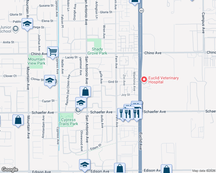 map of restaurants, bars, coffee shops, grocery stores, and more near 13511 Julian Avenue in Chino
