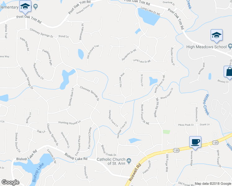 map of restaurants, bars, coffee shops, grocery stores, and more near 4807 Creekstone Way in Marietta