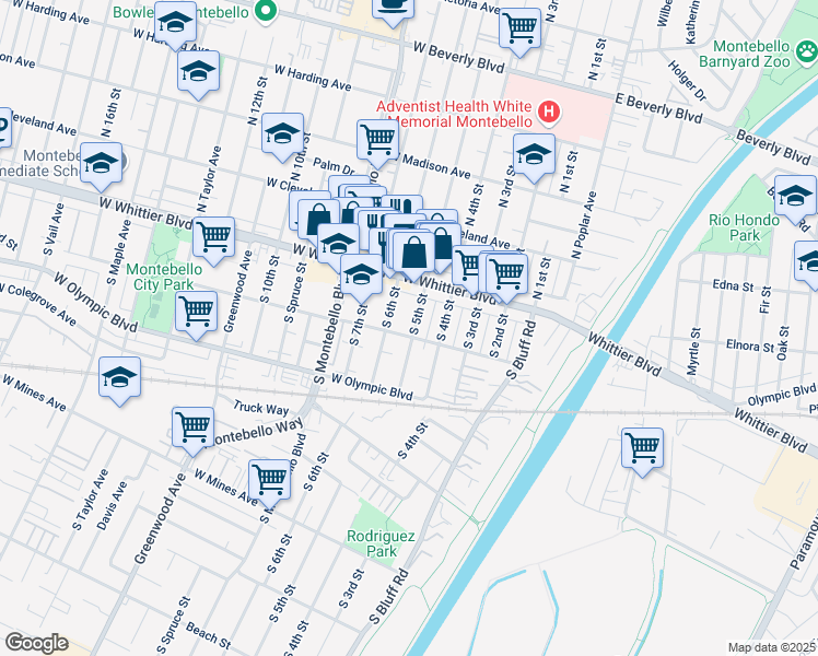 map of restaurants, bars, coffee shops, grocery stores, and more near 145 South 5th Street in Montebello
