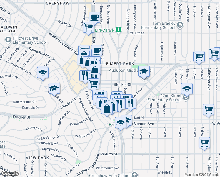 map of restaurants, bars, coffee shops, grocery stores, and more near 4215 South Norton Avenue in Los Angeles