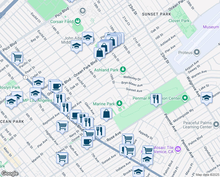 map of restaurants, bars, coffee shops, grocery stores, and more near 1415 Sunset Avenue in Santa Monica