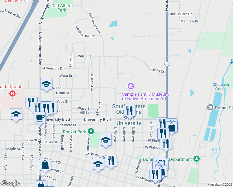 map of restaurants, bars, coffee shops, grocery stores, and more near 610 Montgomery Drive in Durant