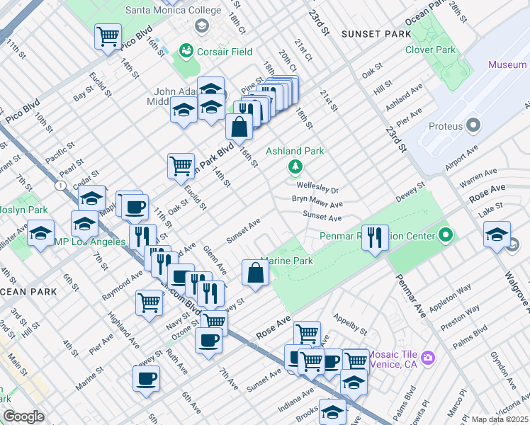 map of restaurants, bars, coffee shops, grocery stores, and more near 1415 Sunset Avenue in Santa Monica