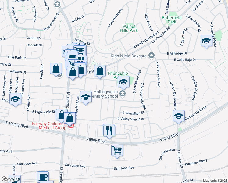 map of restaurants, bars, coffee shops, grocery stores, and more near 19245 East Northam Street in West Covina