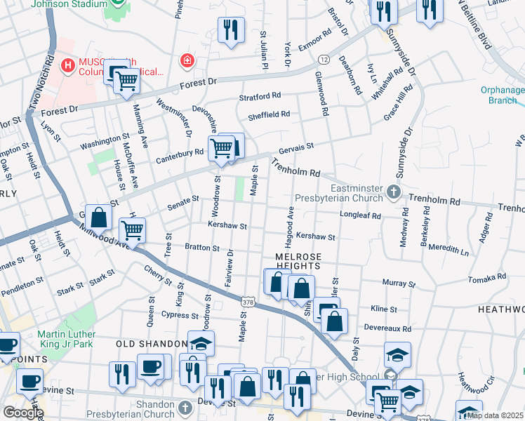 map of restaurants, bars, coffee shops, grocery stores, and more near 1427 Gladden Street in Columbia
