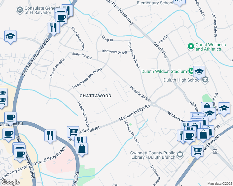 map of restaurants, bars, coffee shops, grocery stores, and more near 4035 Ivy Run Cir in Duluth