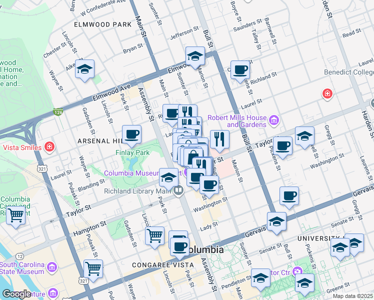map of restaurants, bars, coffee shops, grocery stores, and more near 1200 Blanding Street in Columbia