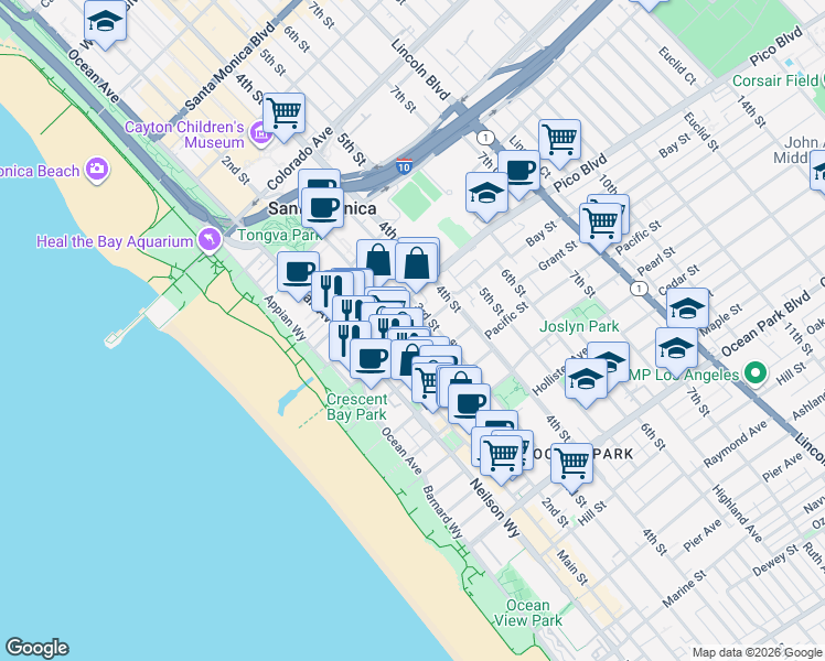 map of restaurants, bars, coffee shops, grocery stores, and more near 239 Bay Street in Santa Monica