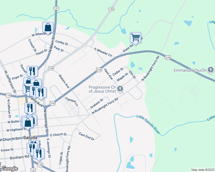 map of restaurants, bars, coffee shops, grocery stores, and more near 140 Myranda Avenue in Saluda