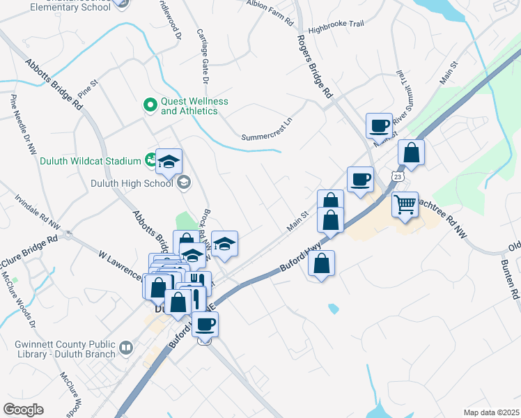 map of restaurants, bars, coffee shops, grocery stores, and more near 3595 South Saint Northwest in Duluth