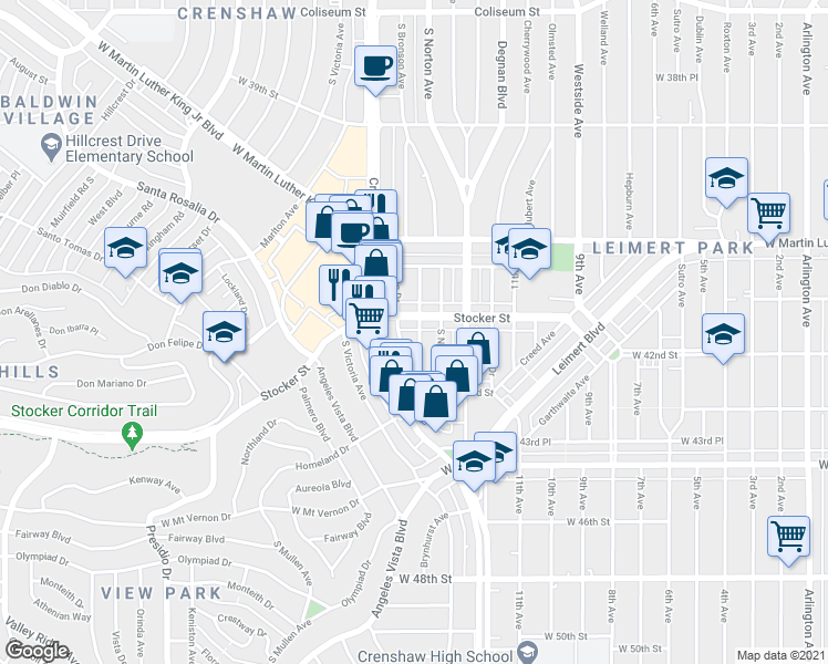 map of restaurants, bars, coffee shops, grocery stores, and more near 4213 South Bronson Avenue in Los Angeles