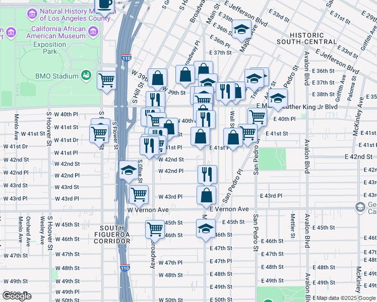 map of restaurants, bars, coffee shops, grocery stores, and more near 138 West 41st Place in Los Angeles