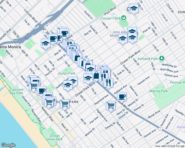 map of restaurants, bars, coffee shops, grocery stores, and more near 255 Pacific Coast Highway in Santa Monica