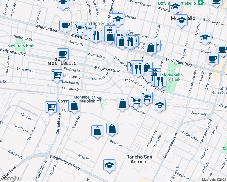 map of restaurants, bars, coffee shops, grocery stores, and more near 1824 Ferguson Dr in Montebello