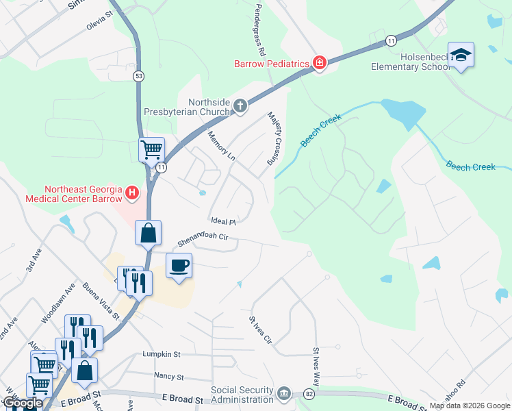map of restaurants, bars, coffee shops, grocery stores, and more near 867 Ideal Place in Winder
