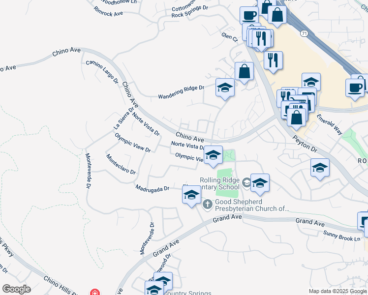 map of restaurants, bars, coffee shops, grocery stores, and more near 2477 Norte Vista Drive in Chino Hills