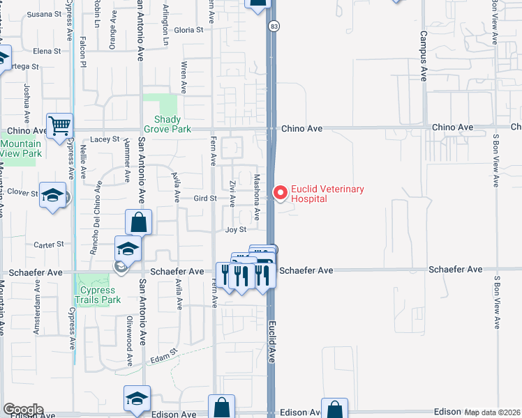 map of restaurants, bars, coffee shops, grocery stores, and more near 13525 Mashona Avenue in Chino