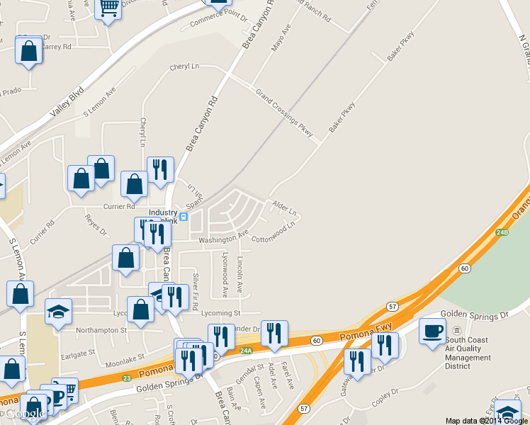 map of restaurants, bars, coffee shops, grocery stores, and more near 615 Alder Lane in Walnut