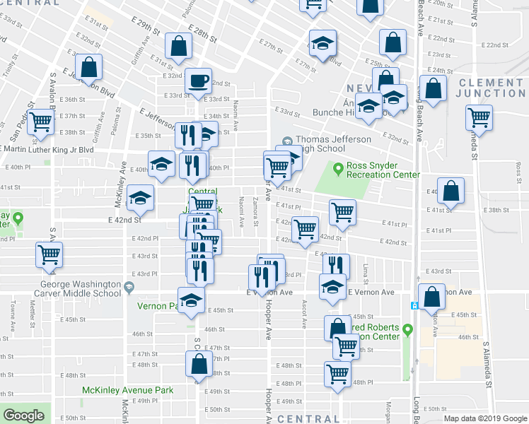 map of restaurants, bars, coffee shops, grocery stores, and more near 4163 Hooper Avenue in Los Angeles