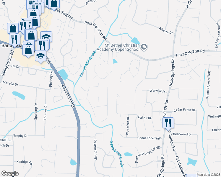 map of restaurants, bars, coffee shops, grocery stores, and more near 2188 Deep Woods Way in Marietta