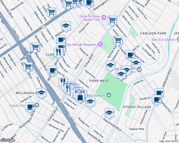 map of restaurants, bars, coffee shops, grocery stores, and more near 10952 Wagner Street in Culver City