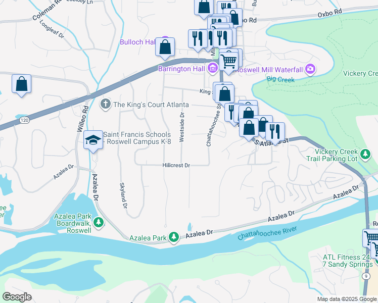 map of restaurants, bars, coffee shops, grocery stores, and more near 353 Westside Drive in Roswell