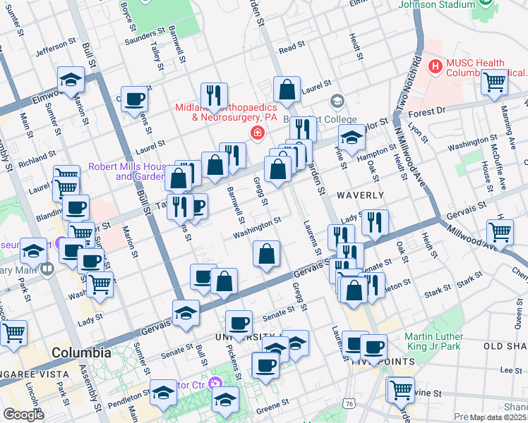 map of restaurants, bars, coffee shops, grocery stores, and more near 1427 Gregg Street in Columbia