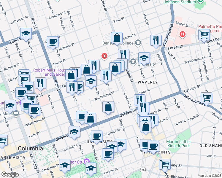 map of restaurants, bars, coffee shops, grocery stores, and more near 1427 Gregg Street in Columbia