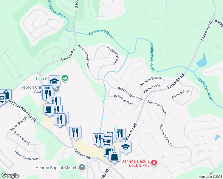 map of restaurants, bars, coffee shops, grocery stores, and more near 570 Gran Heritage Way in Dacula