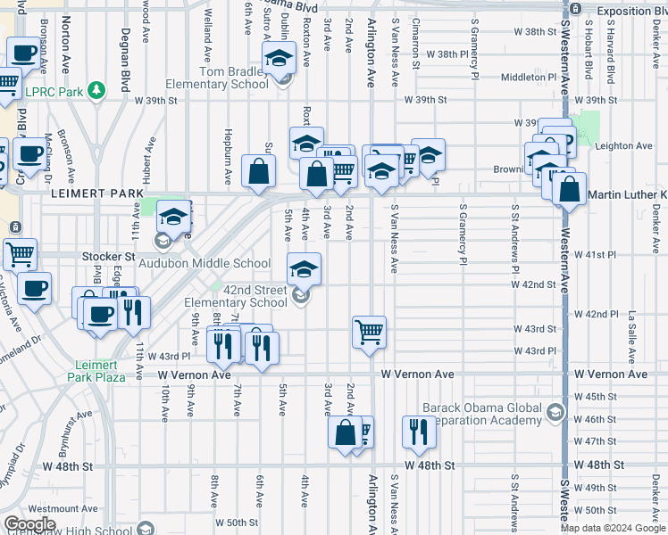 map of restaurants, bars, coffee shops, grocery stores, and more near 4180 3rd Avenue in Los Angeles