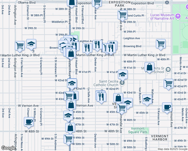 map of restaurants, bars, coffee shops, grocery stores, and more near 4163 Denker Avenue in Los Angeles