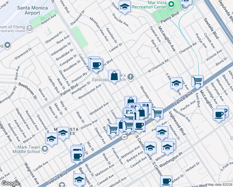 map of restaurants, bars, coffee shops, grocery stores, and more near 3609 Ocean View Avenue in Los Angeles