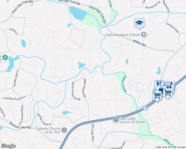 map of restaurants, bars, coffee shops, grocery stores, and more near 5053 Wood Haven Court in Marietta
