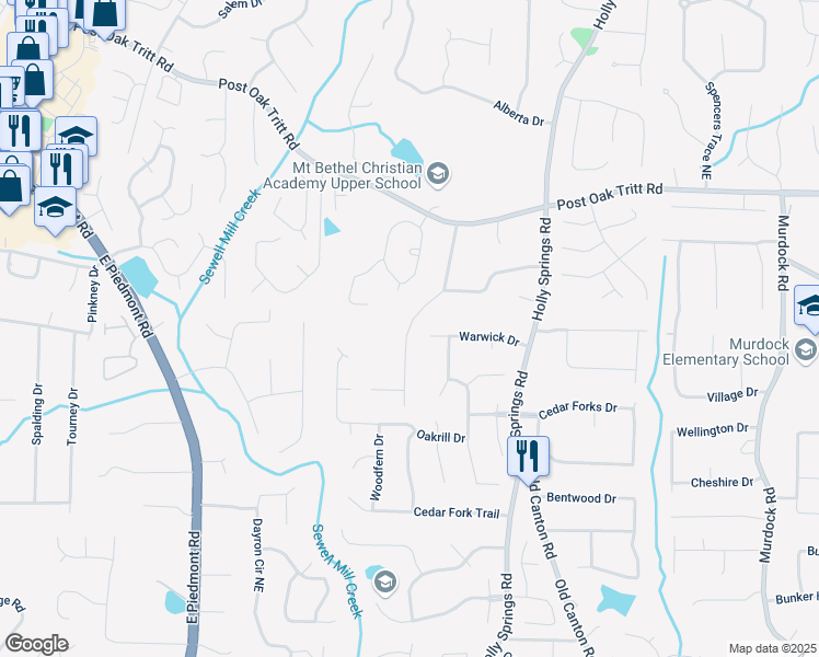 map of restaurants, bars, coffee shops, grocery stores, and more near 2550 Stoney Brook Ln in Marietta