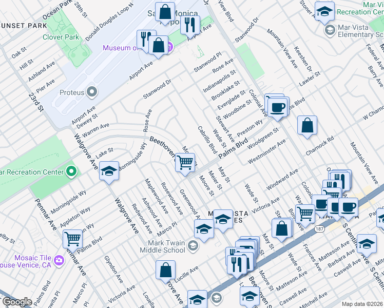 map of restaurants, bars, coffee shops, grocery stores, and more near 3448 Moore Street in Los Angeles