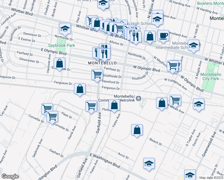 map of restaurants, bars, coffee shops, grocery stores, and more near 6652 Ferguson Drive in Commerce