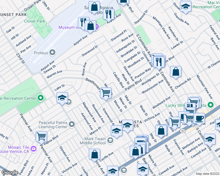 map of restaurants, bars, coffee shops, grocery stores, and more near 3448 Moore Street in Los Angeles